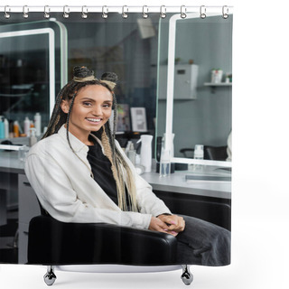 Personality  Happy Woman In Beauty Salon, Joyful Client With Braids Looking At Camera, Customer Satisfaction, Hair Salon, Hairstyle, Female Client With Hair Buns,  Mirror Refection, Braided Hair  Shower Curtains