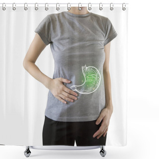 Personality  Digital Composite Of Highlighted Painful Stomach Of Woman  Shower Curtains