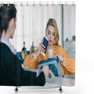 Personality  Young Woman Putting Passport With Boarding Pass Into Bag At Check-in Desk In Airport Shower Curtains