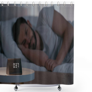 Personality  Clock On Bedside Table Near Blurred Man Lying On Bed At Night  Shower Curtains