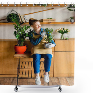 Personality  Smiling Young Woman In Apron Holding Green Plant  Shower Curtains