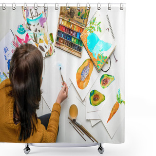 Personality  Top View Of Woman Painting With Watercolors Paints While Surrounded By Color Drawings And Drawing Utensils Shower Curtains