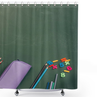 Personality  Top View Of Pencil Case, Color Pencils And Magnets On Green Chalkboard Shower Curtains