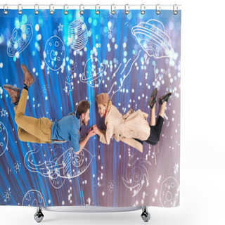 Personality  Elegant Couple Holding Hands And Flying Together With Space Illustration And Sparkles On Background Shower Curtains