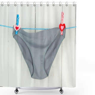 Personality  Womans Panties Hanging On A Clothesline, On White Wooden Background Shower Curtains