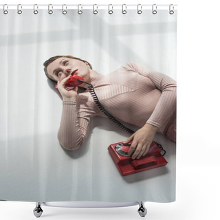 Personality  Girl With Vintage Rotary Telephone  Shower Curtains