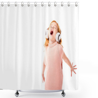 Personality  Red Hair Kid In Headphones Screaming And Dancing Isolated On White Shower Curtains