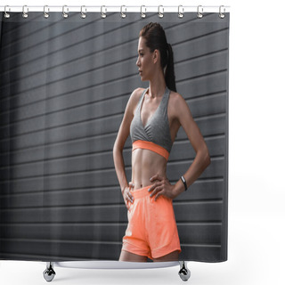 Personality  Young Sporty Girl Posing In Sportswear With Fitness Tracker Shower Curtains
