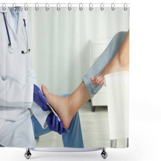 Personality  Male Orthopedist Fitting Insole To Patient's Foot In Hospital, Closeup Shower Curtains