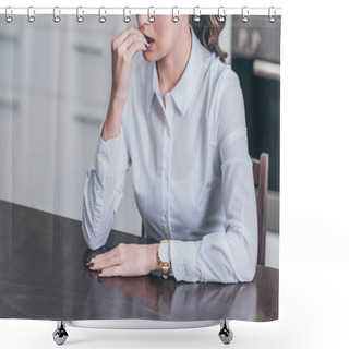 Personality  Cropped View Of Sad Woman In White Blouse Sitting By Table In Kitchen, Grieving Disorder Concept Shower Curtains