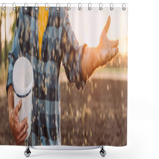 Personality  Cropped View Of Farmer In Checkered Shirt Holding Bucket And Sowing Grains On Field, Horizontal Image Shower Curtains
