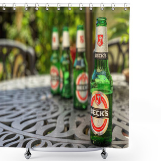 Personality  Southampton, UK - 2nd June 2020: Becks Beer Bottles On A Garden Table During An Early Summer Hot Spell Of Sunny Weather. Shower Curtains