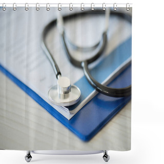 Personality  Stethoscope And Clipboard With Diagnosis Shower Curtains