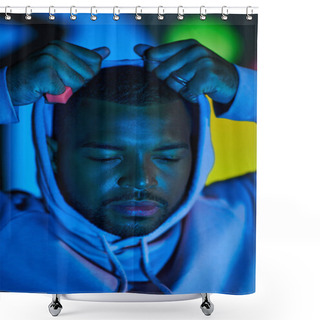Personality  Portrait Of African American Man Putting On Hood In Digital Projector Lights, Fashion Concept Shower Curtains