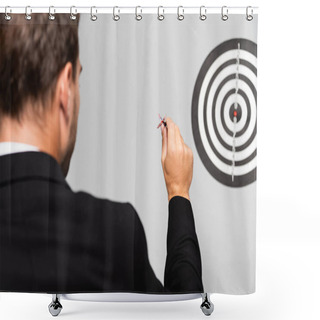 Personality  Back View Of Businessman In Suit Playing Darts Isolated On Grey Shower Curtains