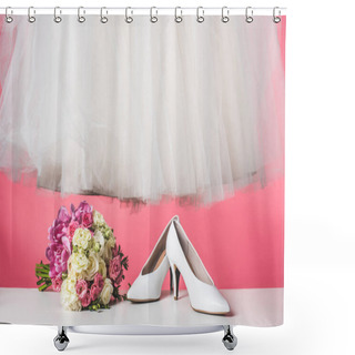 Personality  Pair Of Shoes, Wedding Bouquet And White Dress Isolated On Pink Shower Curtains