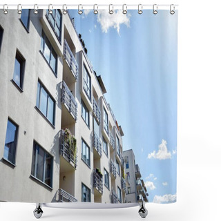 Personality  Modern Apartment Buildings On A Sunny Day With A Blue Sky. Facade Of A Modern Apartment Building Shower Curtains