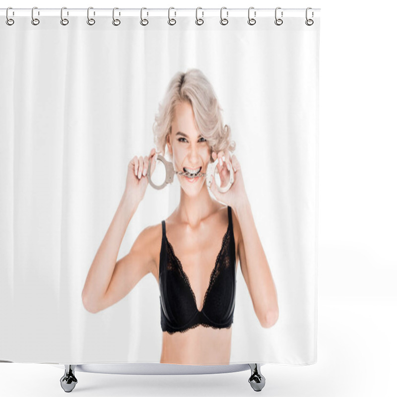 Personality  Attractive blonde young adult with handcuffs in mouth isolated on white  shower curtains