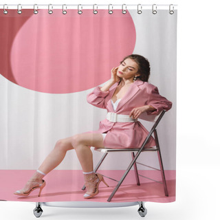 Personality  Stylish Woman In Blazer With Belt Sitting On Chair On White And Pink  Shower Curtains