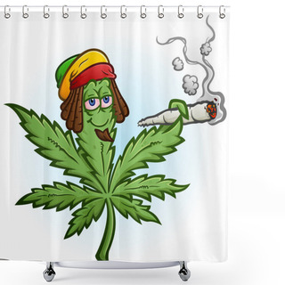 Personality  A Cheerful Marijuana Vector Cartoon Character Getting High And Smoking A Huge Rolled Up Pot Joint And Wearing A Rastafari Hat Shower Curtains