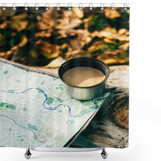 Personality  Coffee In Metallic Thermos Cup On Travel Map  Shower Curtains