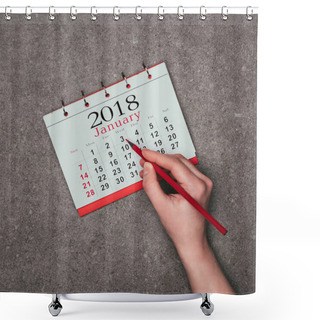 Personality  Cropped Shot Of Woman Pointing At Date In Calendar On Grey Surface Shower Curtains