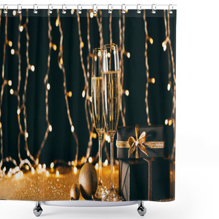 Personality  Glasses Of Champagne, Baubles And Gifts On Garland Light Background, Christmas Concept Shower Curtains