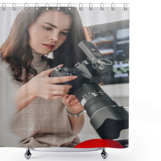 Personality  Selective Focus Of Attractive Art Editor Holding Digital Camera Near Computer Monitor  Shower Curtains