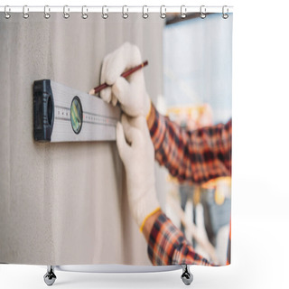 Personality  Cropped Shot Of Builder Using Bubble Level At Construction Site Shower Curtains