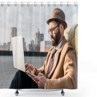 Personality  Handsome Businessman Sitting In Armchair And Using Laptop Shower Curtains