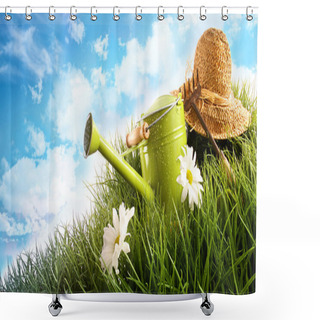 Personality  Water Can And Straw Hat Laying In Grass Shower Curtains