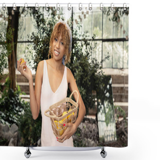 Personality  Smiling Young African Amerian Woman With Braces Wearing Summer Dress And Headscarf While Holding Basket With Fresh Lemons And Looking At Camera In Indoor Garden, Trendy Woman With Tropical Flair Shower Curtains