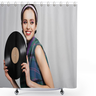 Personality  Joyful Woman In Headband Holding Retro Vinyl Disc Isolated On Grey Shower Curtains