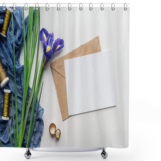 Personality  Top View Of Empty Card With Envelope, Flowers, Blue Cloth, Spools Of Thread And Golden Wedding Rings On Grey Background Shower Curtains