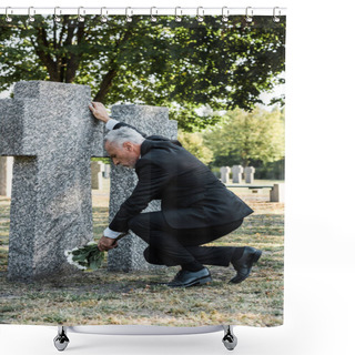 Personality  Upset Bearded Man Putting Flowers Near Tomb In Cemetery  Shower Curtains