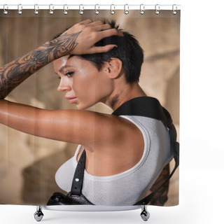 Personality  Pretty And Sexy Archaeologist With Tattoo Adjusting Short Hair  Shower Curtains