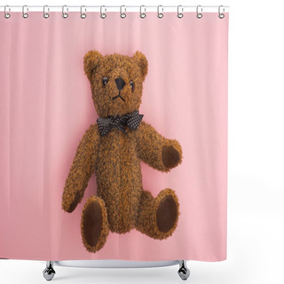 Personality  Top View Of Brown Teddy Bear With Bow On Pink Background Shower Curtains