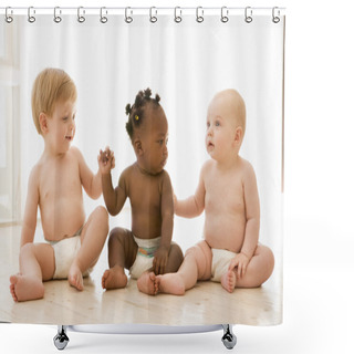 Personality  Three Babies Sitting Indoors Holding Hands Shower Curtains