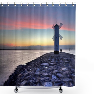 Personality  Lighthouse Windmill Stawa Mlyny, Swinoujscie, Baltic Sea, Poland. Shower Curtains