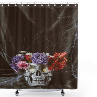 Personality  Silver Halloween Skull With Flowers On Dark Cloth With Spider Web  Shower Curtains