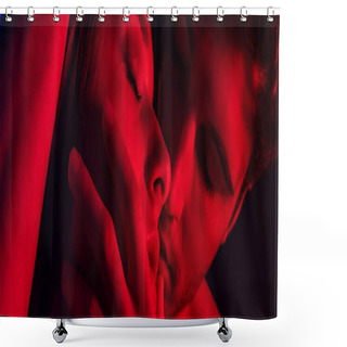 Personality  Close Up View Of Passionate Young Couple Kissing In Red Light, Panoramic Shot Shower Curtains