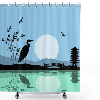 Personality  Heron Silhouette On River At Beautiful Asian Place Shower Curtains