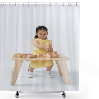 Personality  Full Length Of Asian Child Playing With Wooden Toys On Table On Grey Shower Curtains