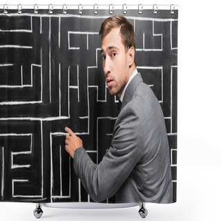 Personality  Handsome And Shocked Businessman In Suit Pointing With Finger At Labyrinth Shower Curtains