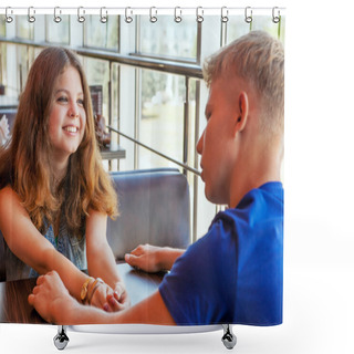 Personality  Young Couple Sitting In Cafe Shower Curtains