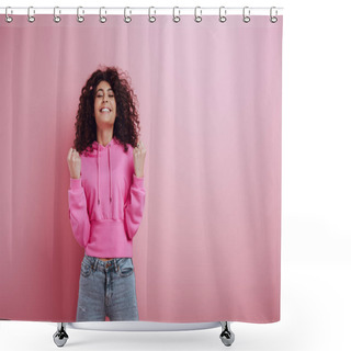 Personality  Excited Bi-racial Girl Showing Winner Gesture While Standing With Closed Eyes On Pink Background Shower Curtains