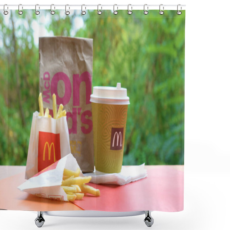 Personality  McDonald's Take Away Paper Bag And Junk Food On Wooden Table Outdoors Shower Curtains