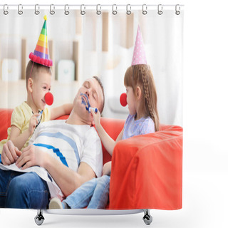 Personality  Little Children Painting Their Father's Face While He Sleeping. April Fool's Day Prank Shower Curtains