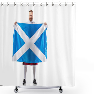 Personality  Scottish Redhead Man In Red Kilt With Flag Of Scotland On White Background Shower Curtains