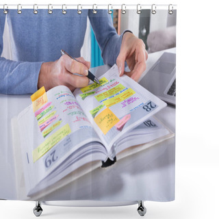 Personality  Close-up Of A Woman Writing Schedule In Calendar Diary On White Desk Shower Curtains